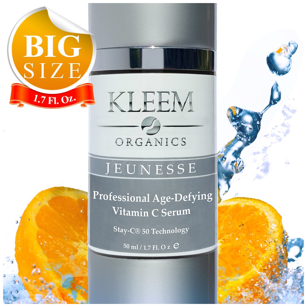 Kleem Organics Pure Vitamin C Serum bottle closeup for brightening skin.