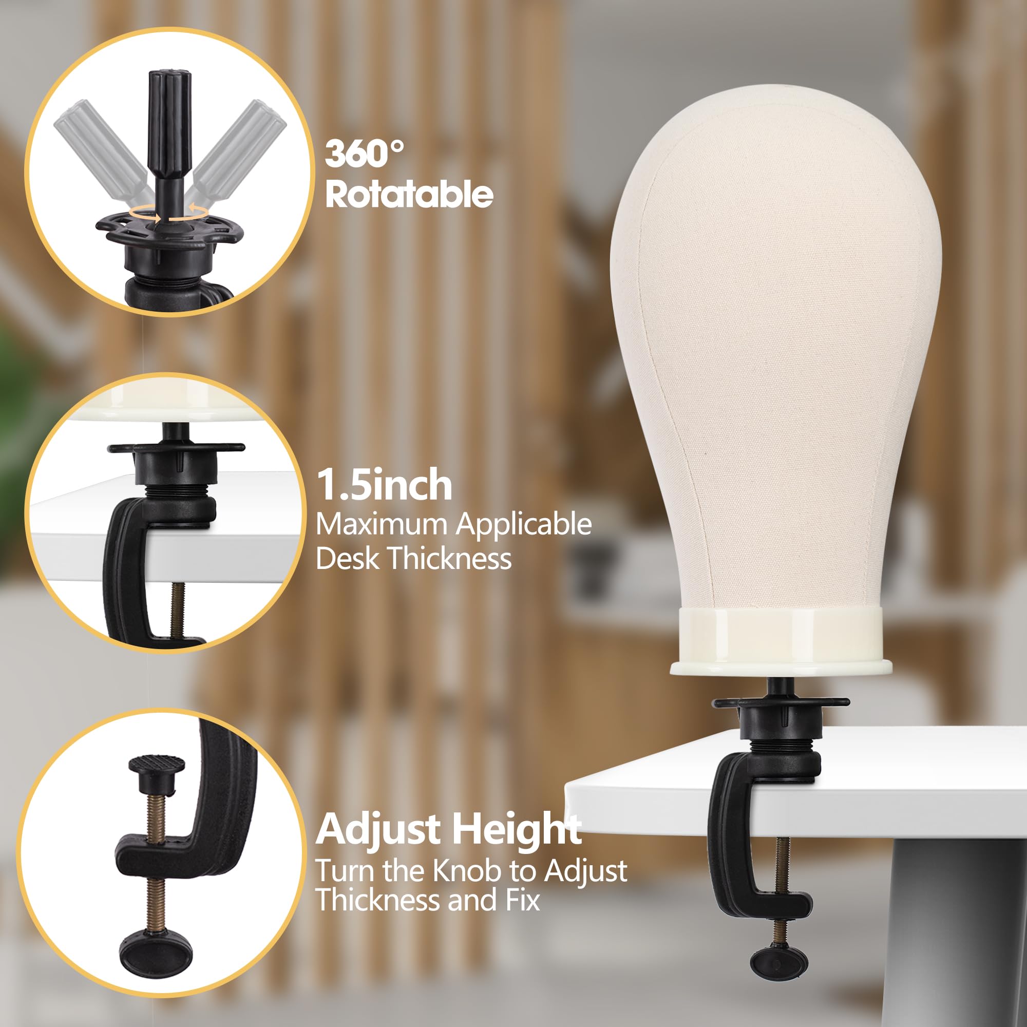 Klvied clamp wig holder provides secure mounting on tables