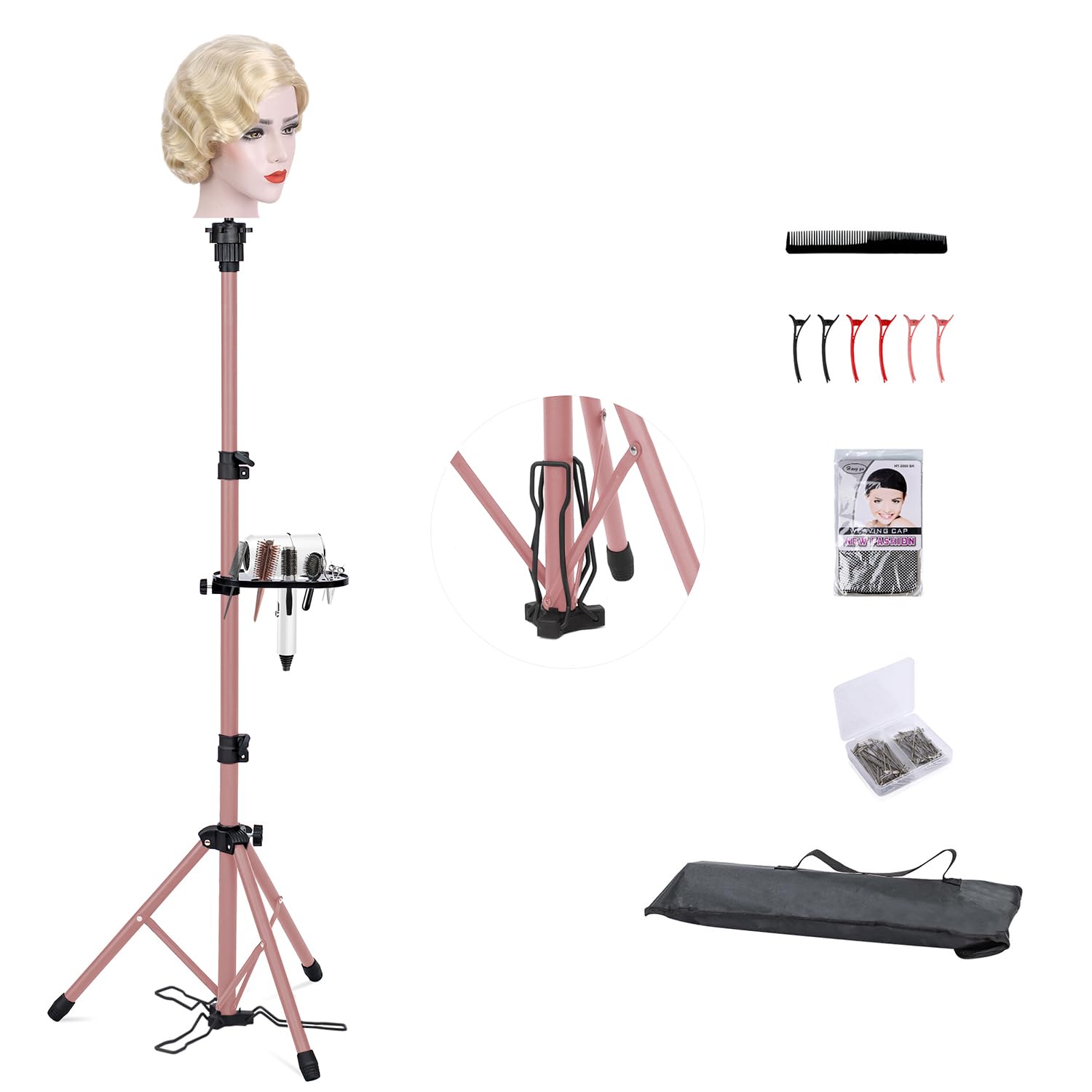 Klvied metal wig stand tripod with rose-golden base supports stable professional styling.