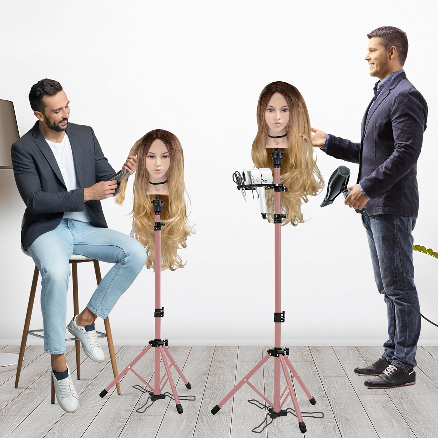 Klvied wig stand foot-panel provides extra grip on slippery floors during styling.