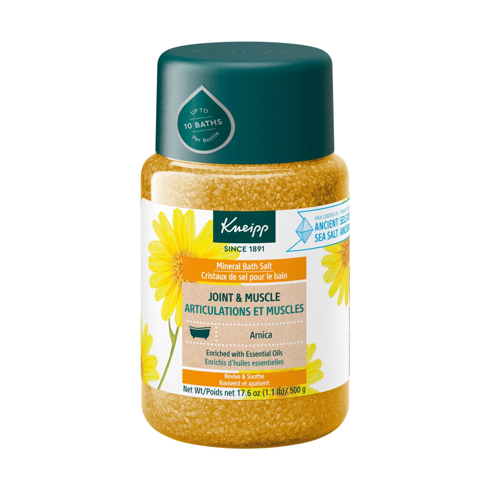 Kneipp Arnica bath salt jar shown, offering soothing mineral soak for tired muscles.