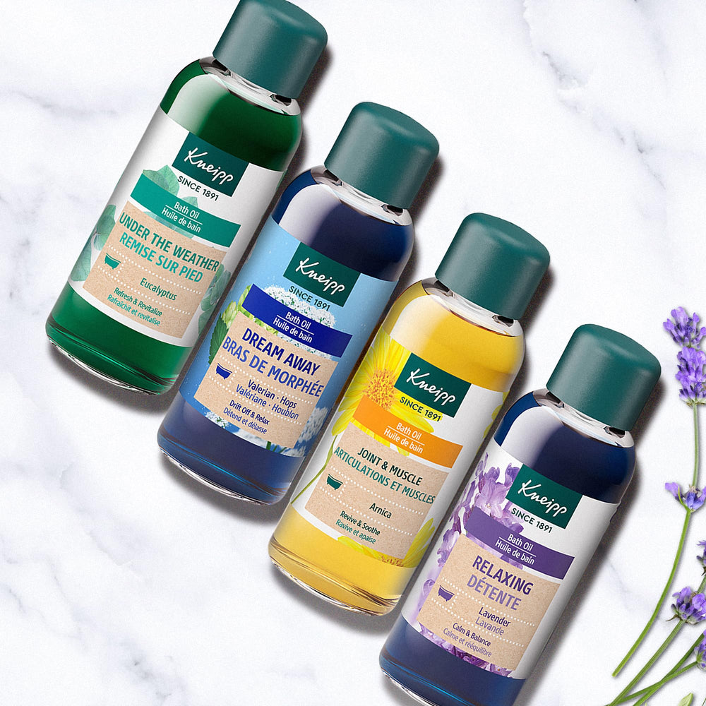 Kneipp Bath Oil Set pouring into warm water for a spa-like aromatherapy soak