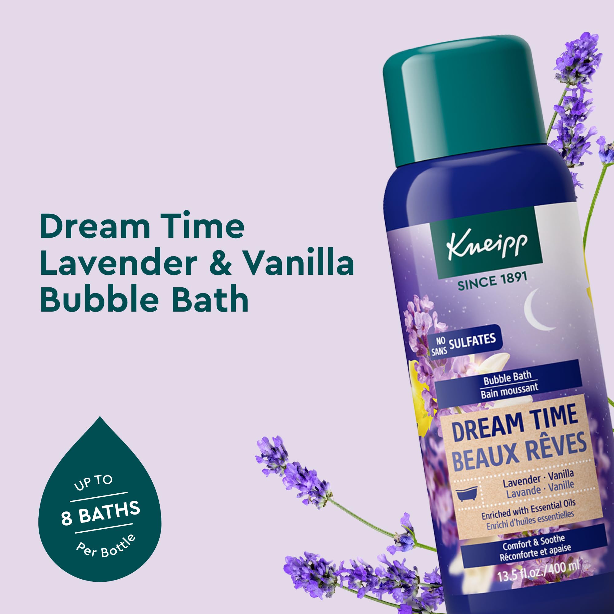 Kneipp Dream Time Lavender & Vanilla bubbles in a bath for a relaxing soak