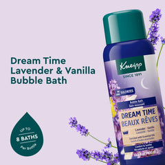Kneipp Dream Time Lavender & Vanilla bubbles in a bath for a relaxing soak