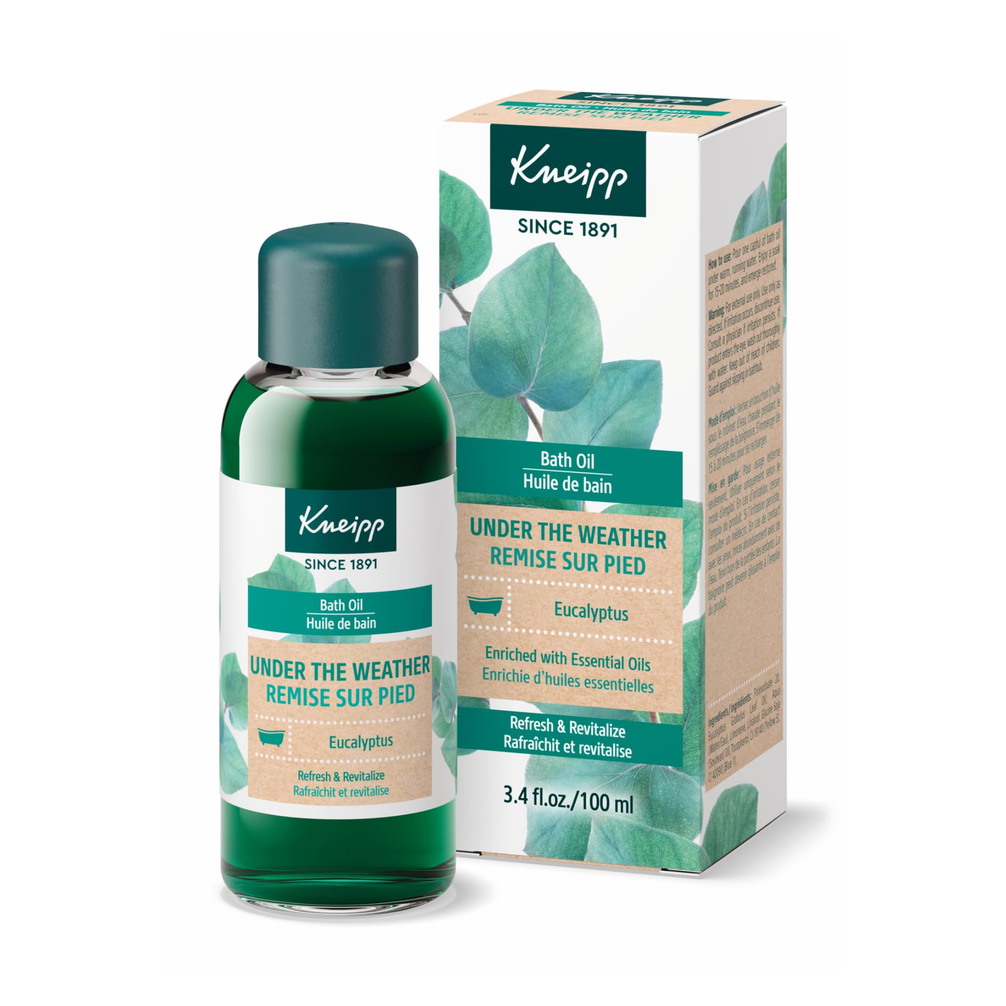 Kneipp Under The Weather Eucalyptus Bath Oil bottle showing refreshing aroma for a soothing soak.