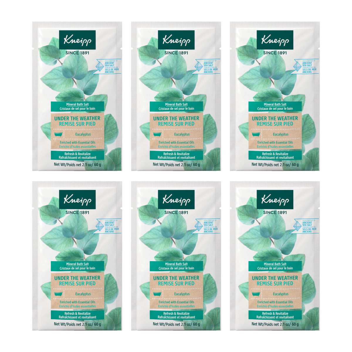 Kneipp Under The Weather eucalyptus bath salt packs for a refreshing soak.