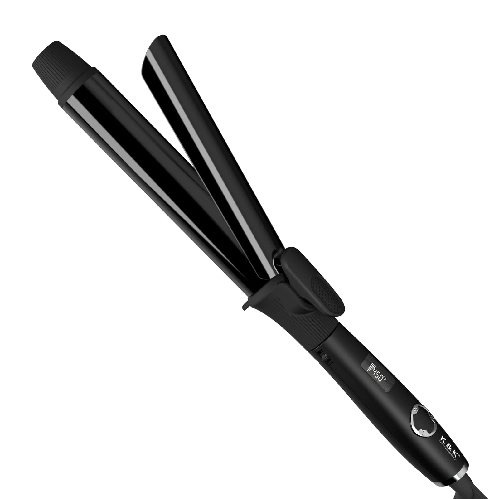 KnK curling-iron clip-barrel closeup demonstrates smooth glide for defined curls