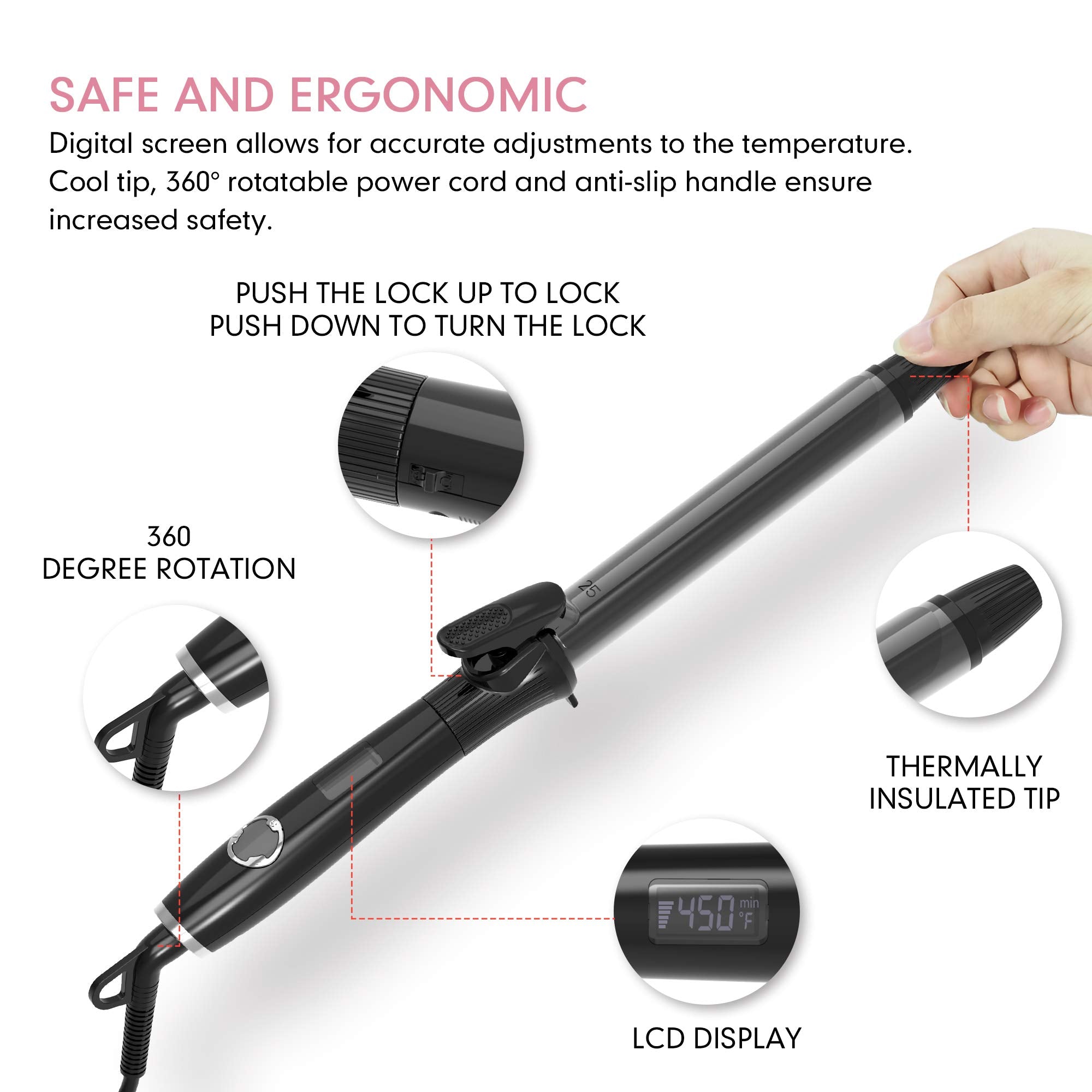KnK curling-iron lcd-display closeup communicates real-time temperature for precise styling