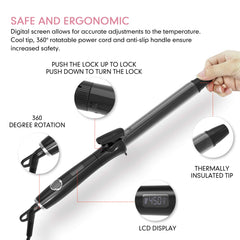 KnK curling-iron lcd-display closeup communicates real-time temperature for precise styling