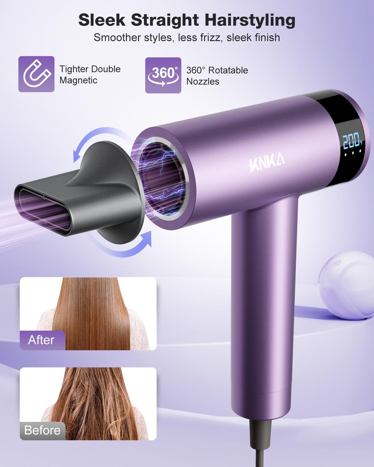KNKA hair dryer low-noise and lightweight, ideal for travel.