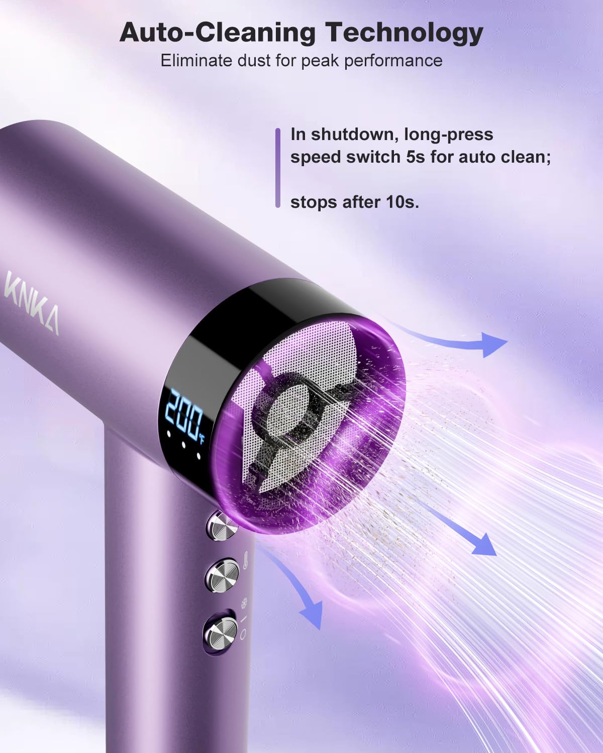 KNKA hair dryer self-cleaning filter for easy maintenance.
