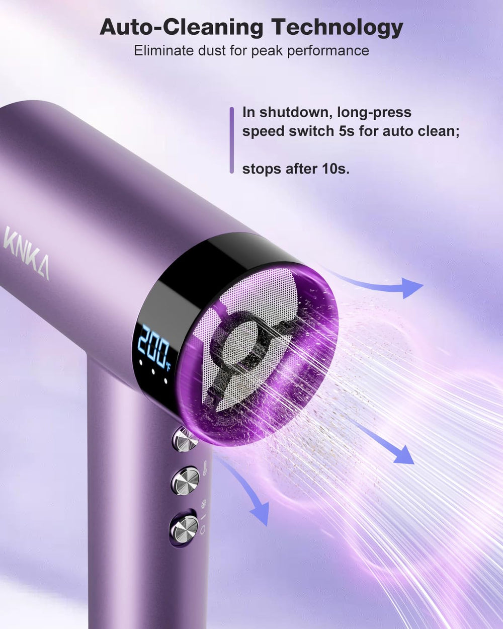 KNKA hair dryer self-cleaning filter for easy maintenance.
