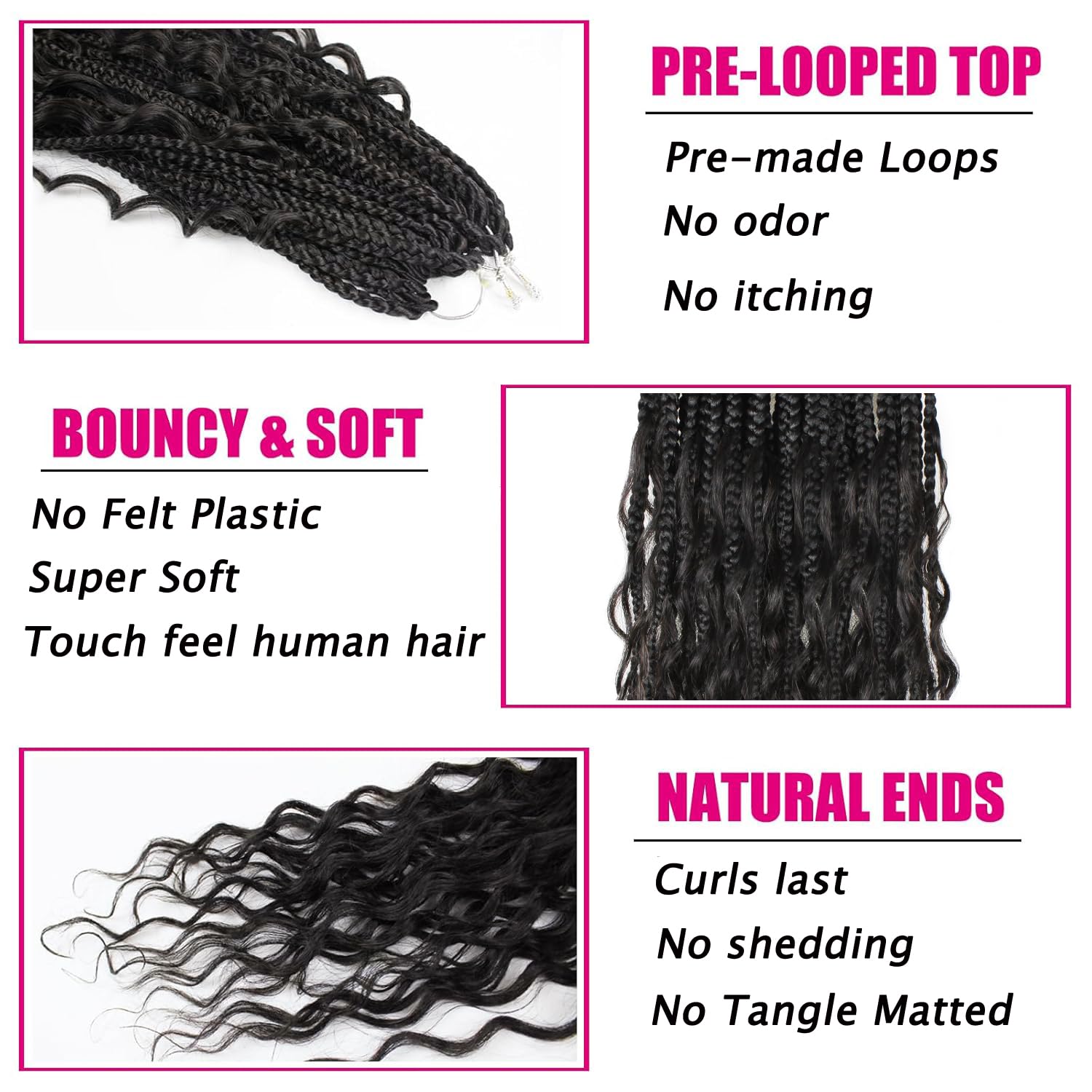 Knovotch Boho Crochet Braids 18in protein fiber avoids tangling and shedding with lasting look.