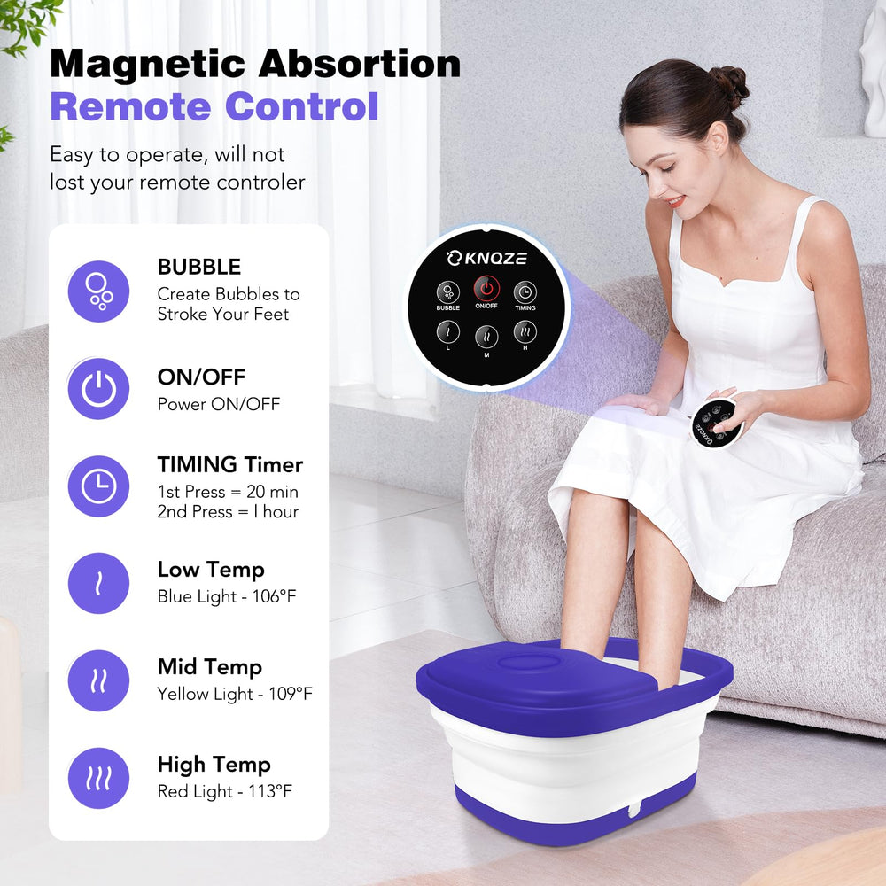KNQZE collapsible foot spa shows three heat settings for customizable comfort.