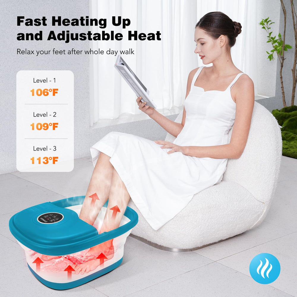 KNQZE foot spa showing heat, bubbles, and massage rollers for soothing foot comfort.
