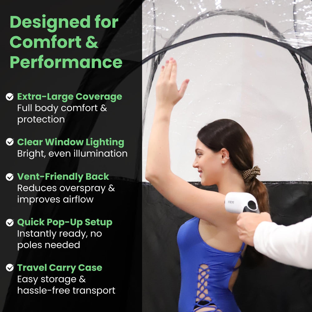 KOBBTAN tent showcased in a salon setup for professional-grade spray tanning experiences.