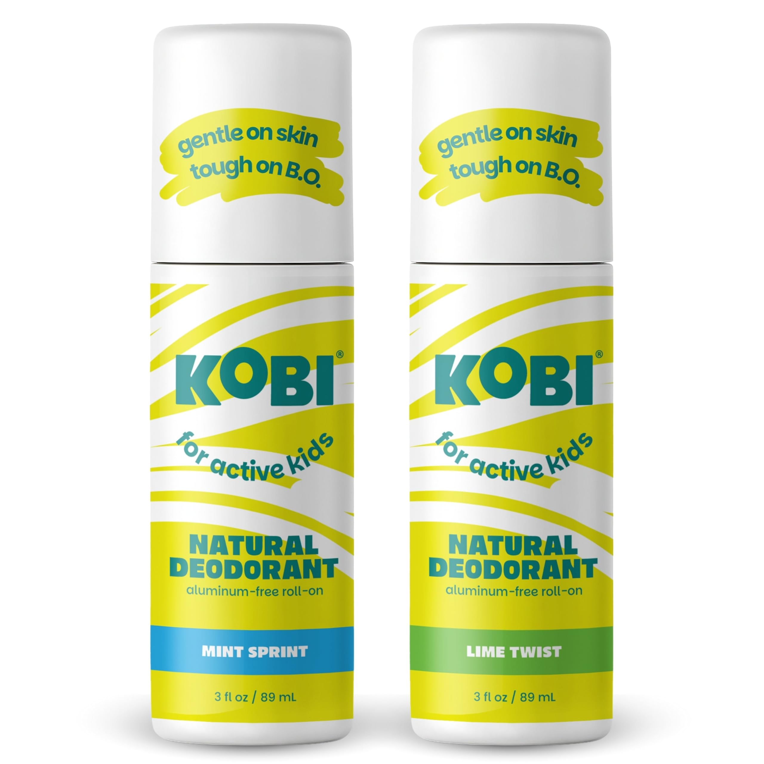 Kobi active kids roll-on clear application shows aluminum-free protection for active days.