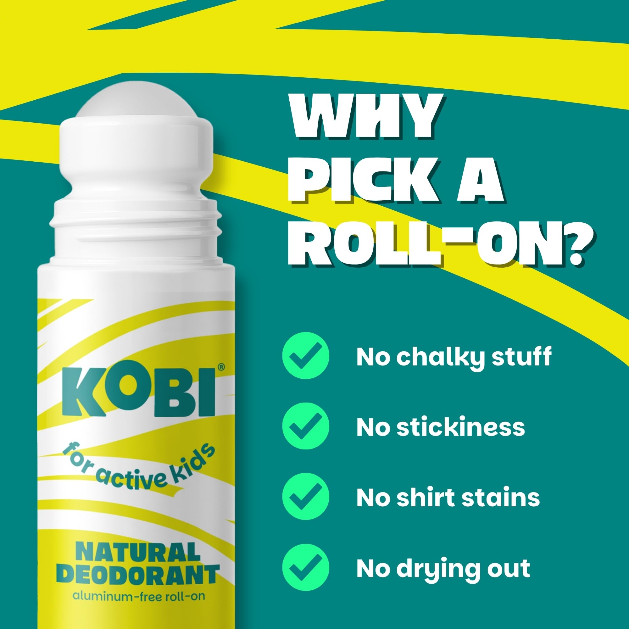 Kobi deodorant sport strength clear roller shown during activity and play.