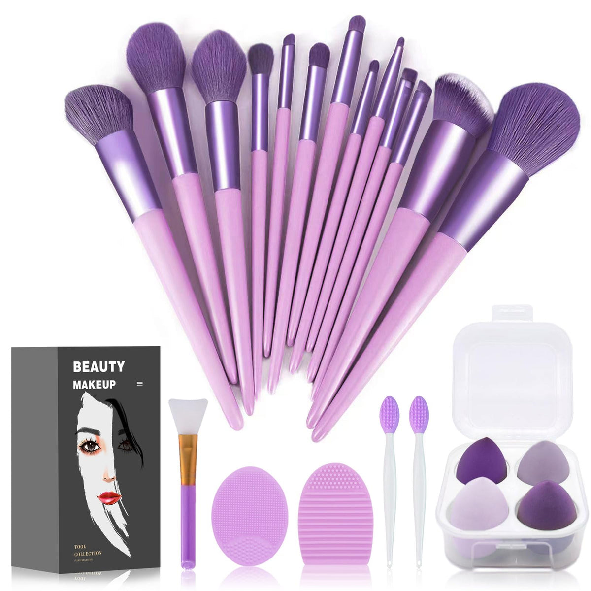 Koccido makeup brushes 22 pcs purple set cover shows a complete, portable beauty kit.