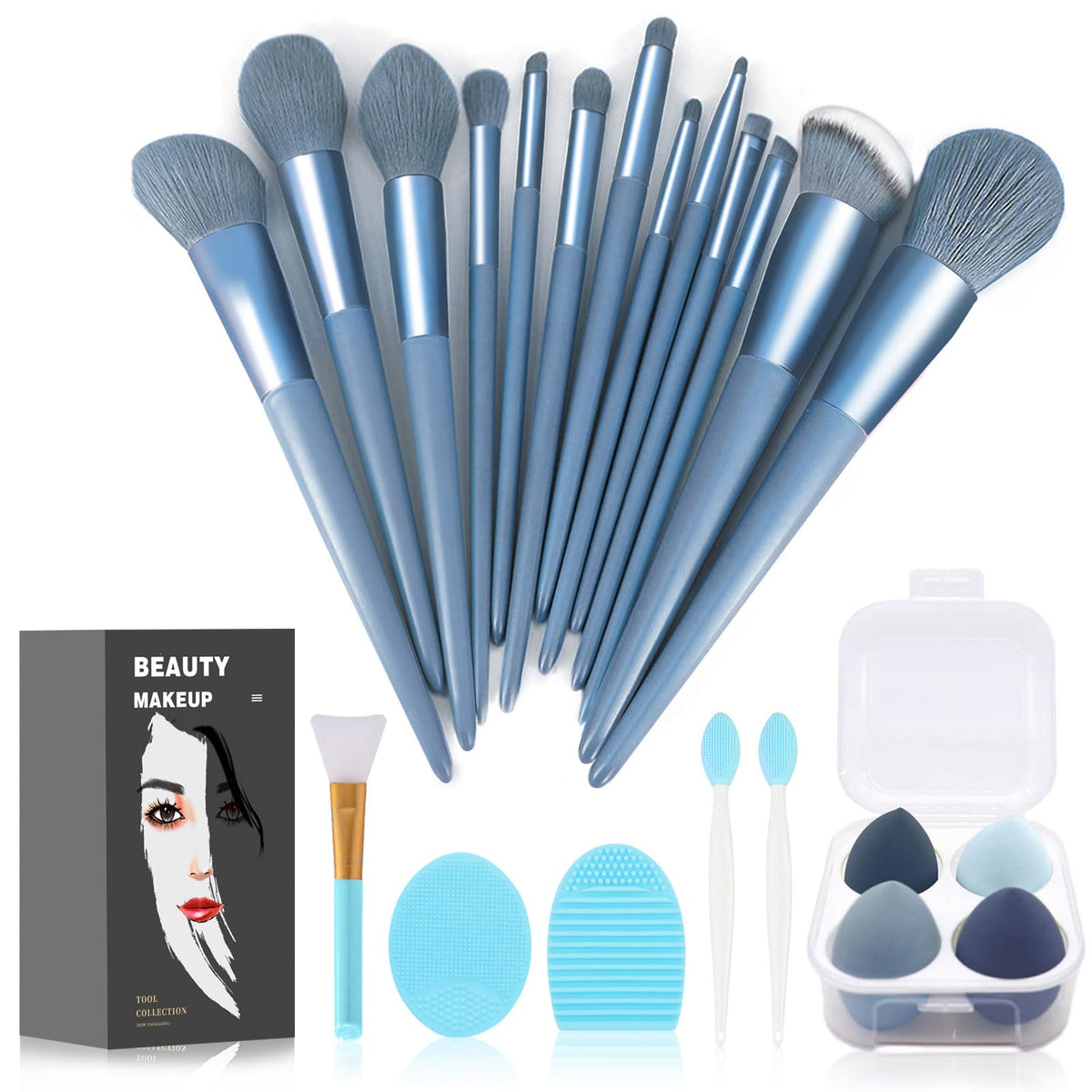 Koccido makeup brushes 22-piece kit on display for versatile makeup application across eyes, cheeks, and lips.