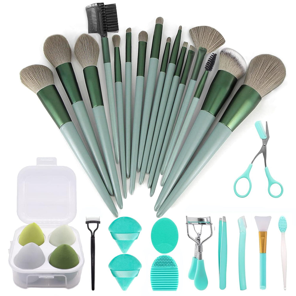 Koccido makeup brushes green set with compact storage bag for easy daily makeup