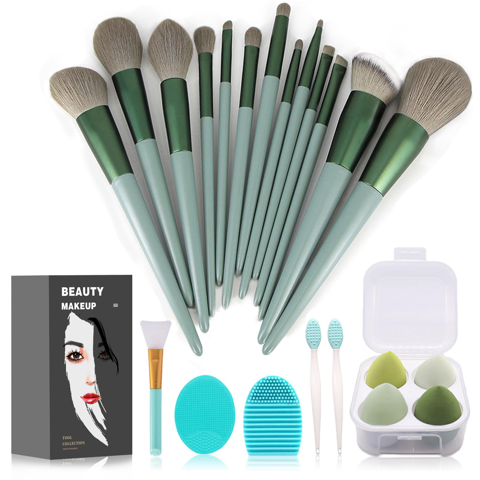 Koccido makeup brushes green packaging: compact set for on-the-go flawless application.