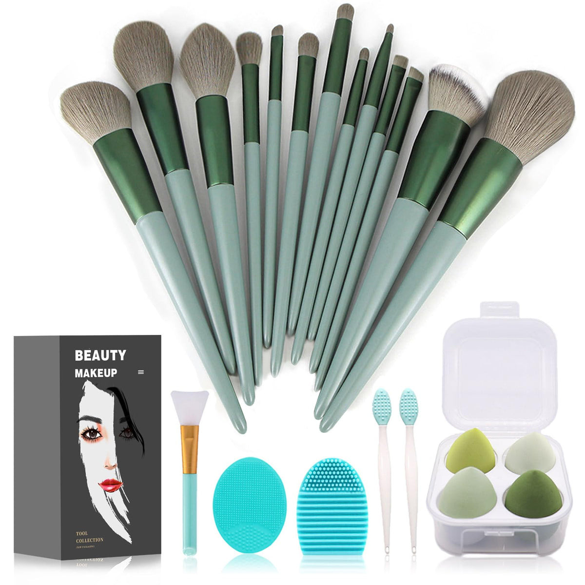 Koccido makeup brushes green packaging: compact set for on-the-go flawless application.