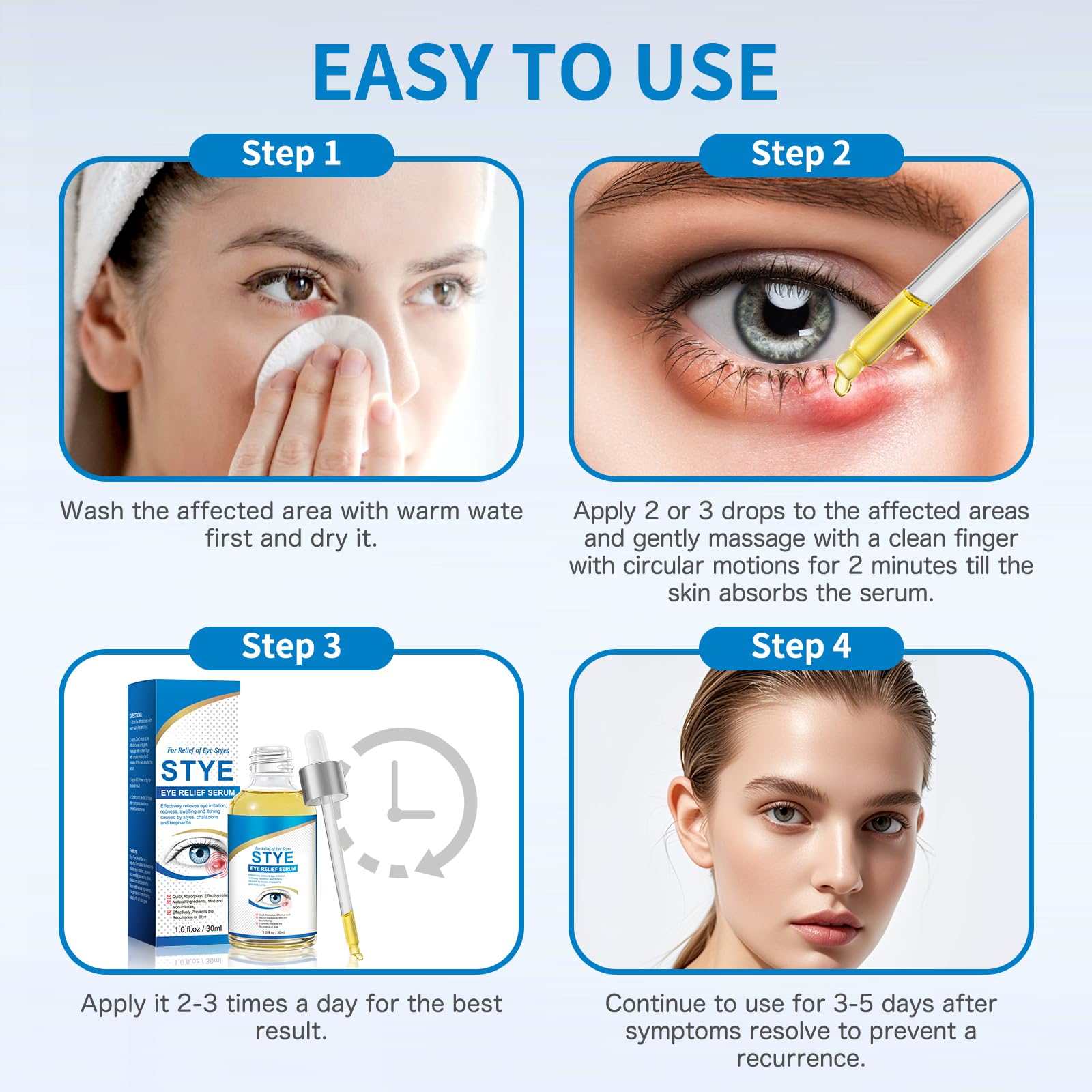 KODASNY Stye Eye Treatment eye-area-relief demonstrates calmer eyelids and reduced puffiness.
