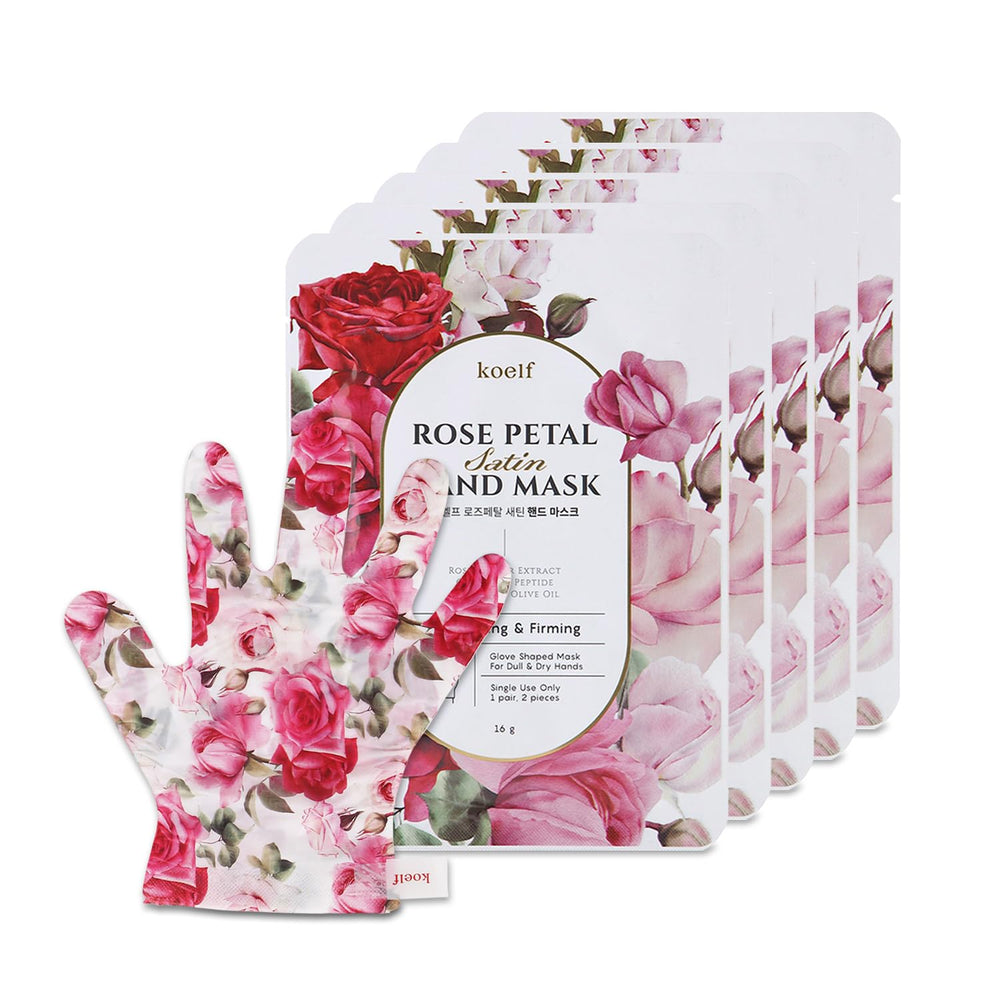 Koelf Petitfee Rose Petal Satin Hand Mask packaging highlights hydration and spa at home pampering.