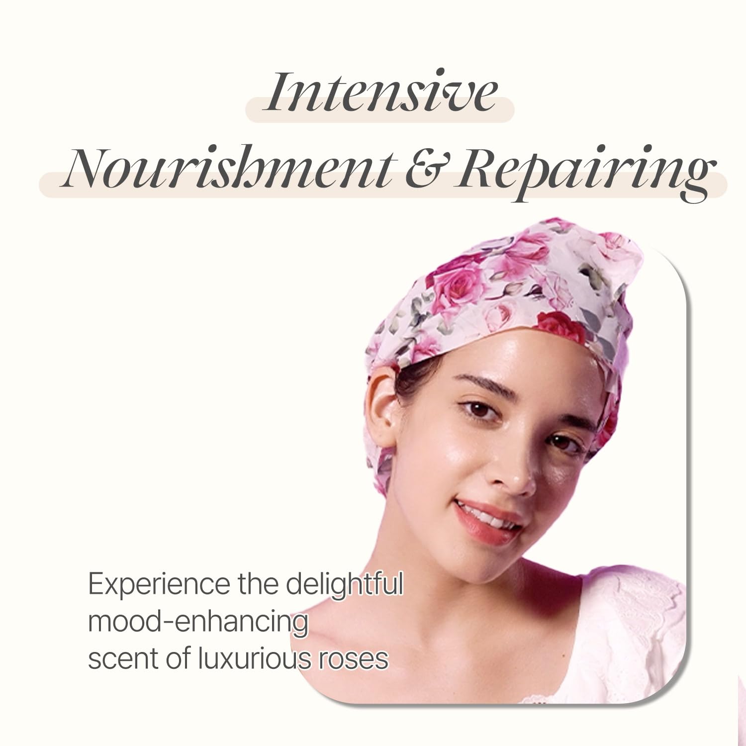Koelf PETITFEE Rose Petal Satin Hair Mask application scene emphasizes easy cap-mask use after shower.