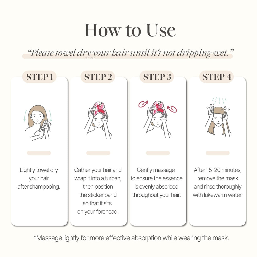 Koelf PETITFEE Rose Petal Satin Hair Mask healthy shine on dried hair suggests hydration benefits.