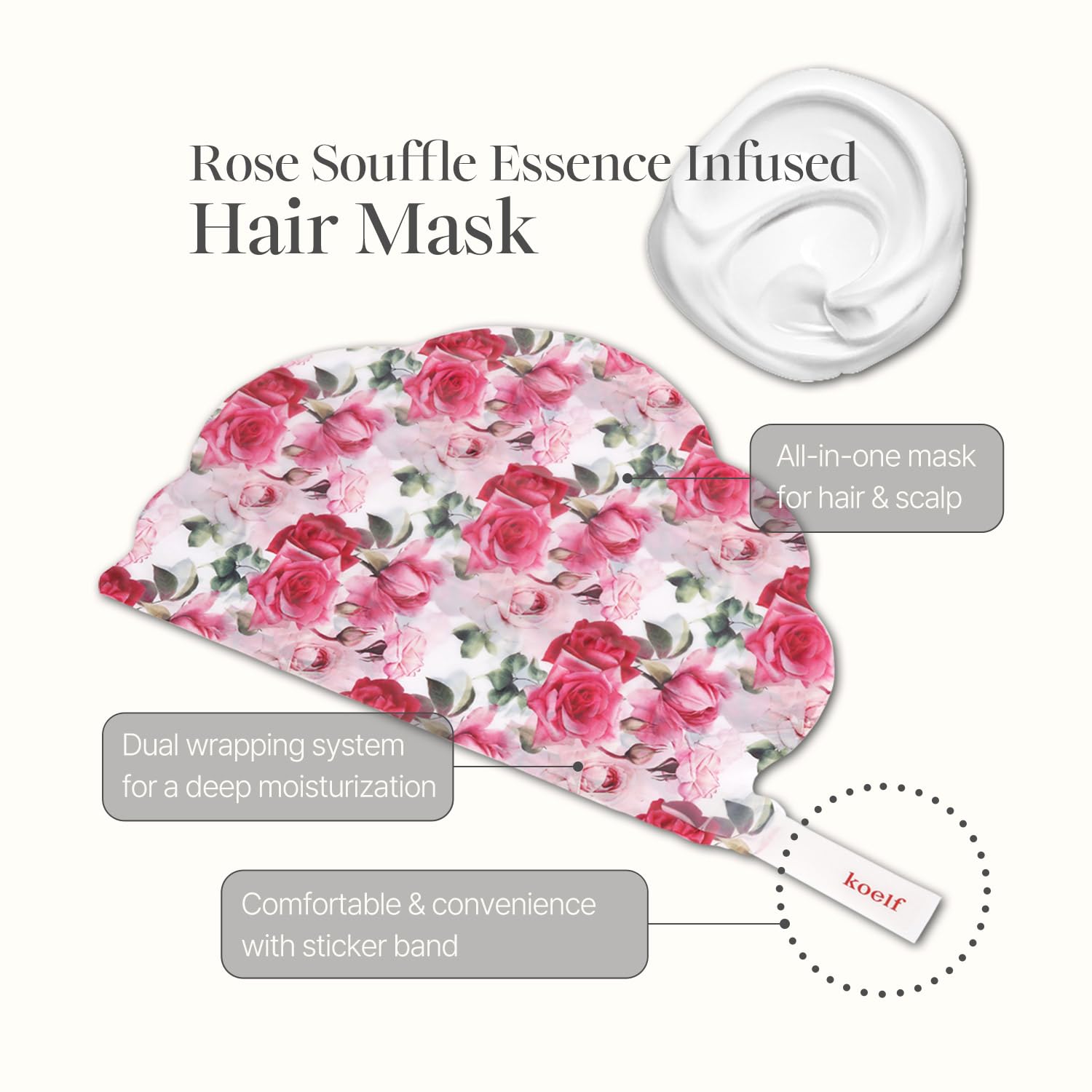 Koelf PETITFEE Rose Petal Satin Hair Mask shower-cap band conveys mess-free spa-like routine.