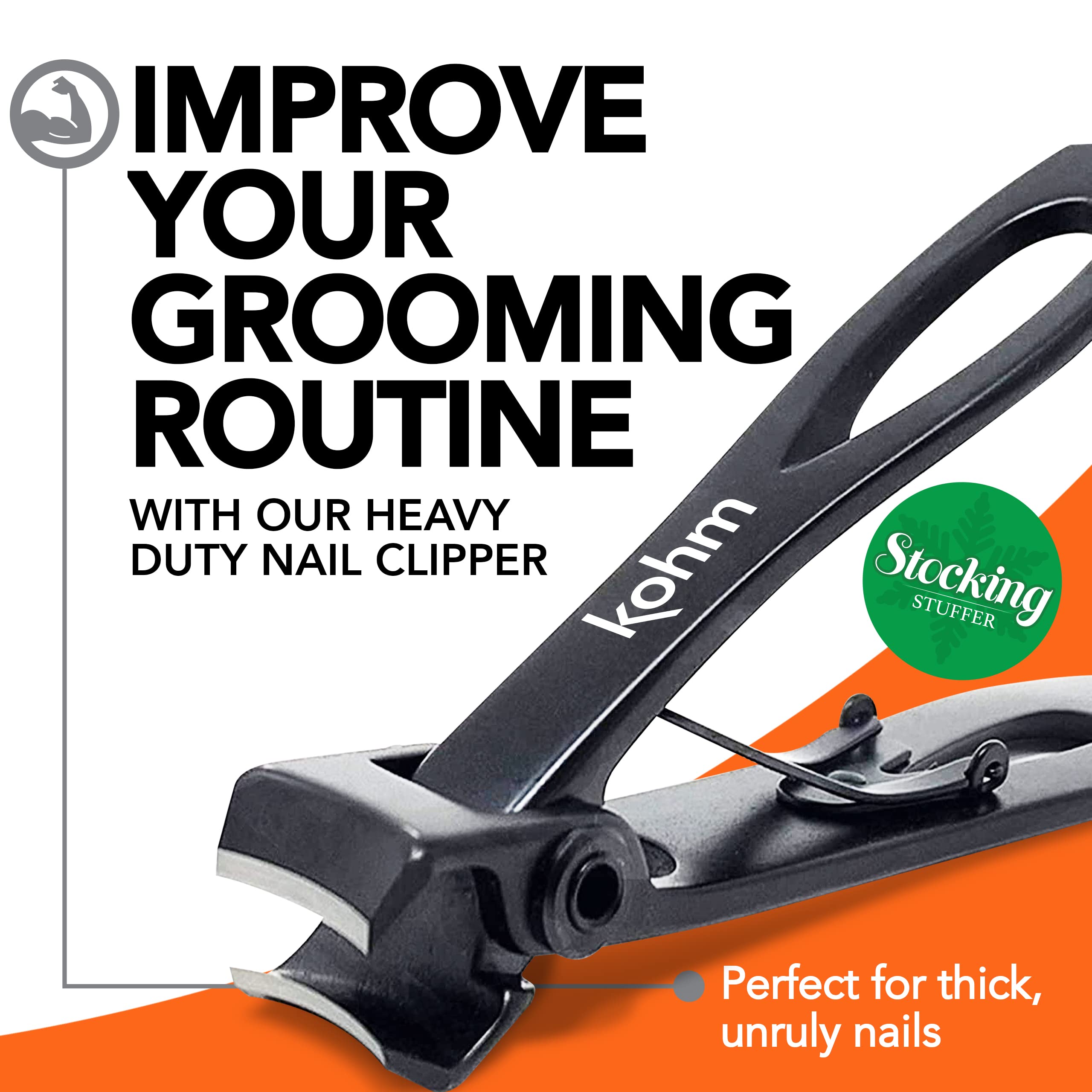 KOHM nail clippers anti-slip grip handle shown for comfortable use by seniors