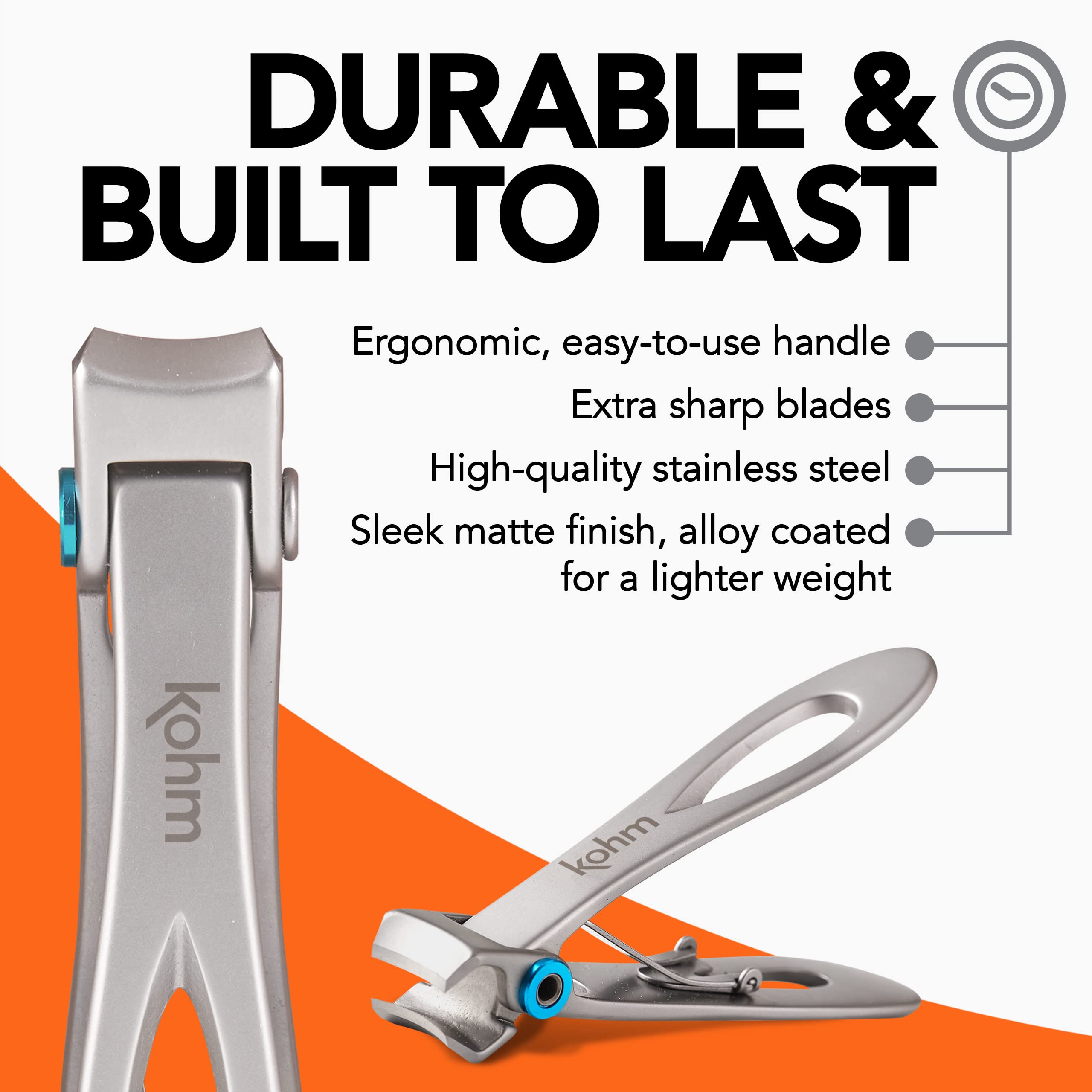 KOHM nail clippers ergonomic-grip reduces hand fatigue for longer sessions.