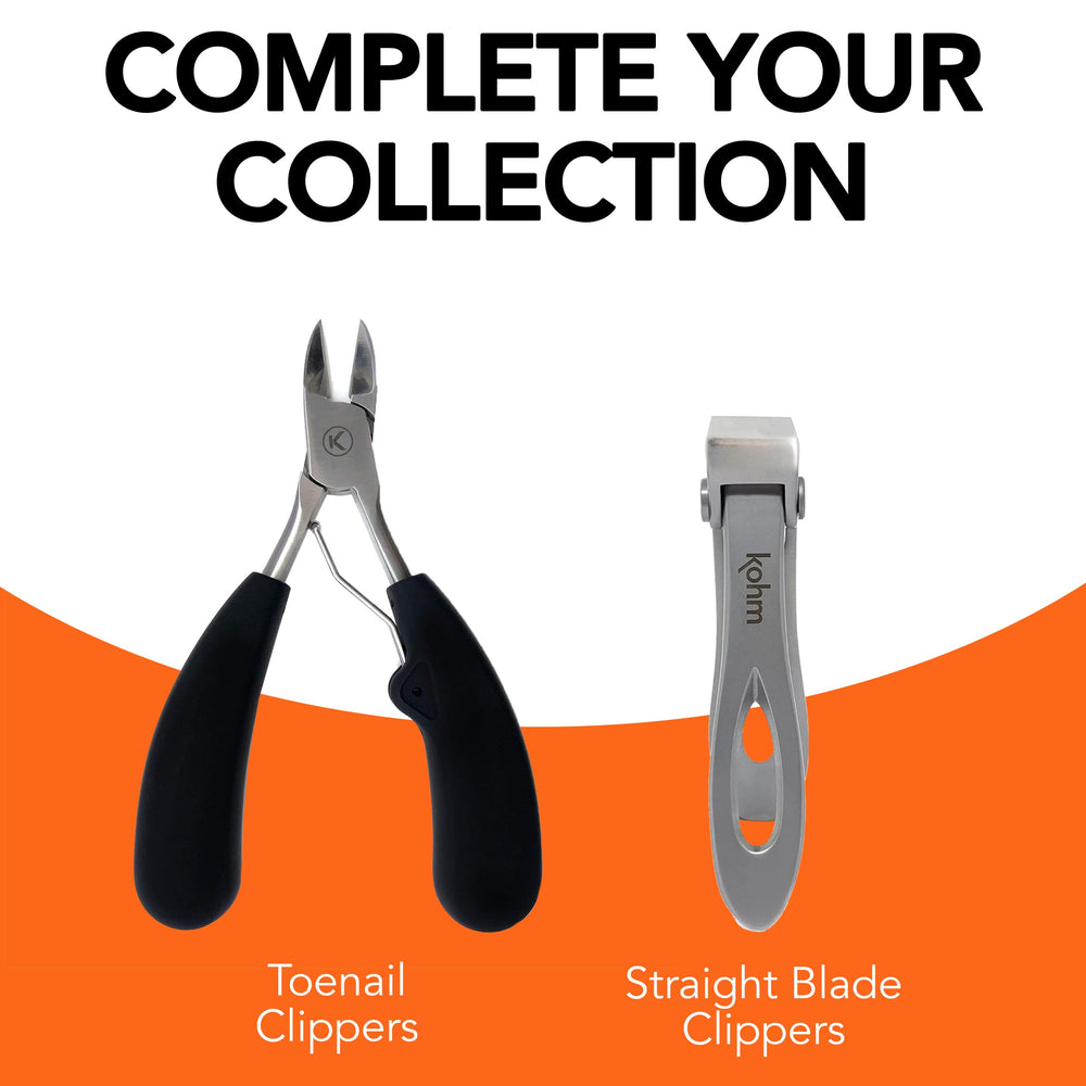 KOHM nail clippers with gray matte handle shown for easy grip