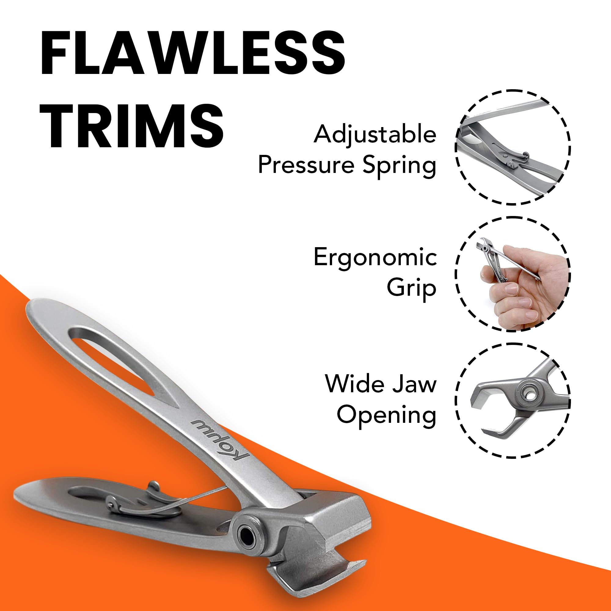 KOHM thick-nail clipper in action delivers clean, even cuts.