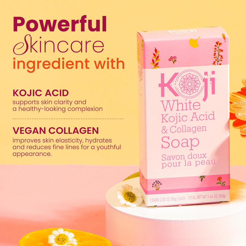 Koji White face and body use bar showing versatile cleansing routine.
