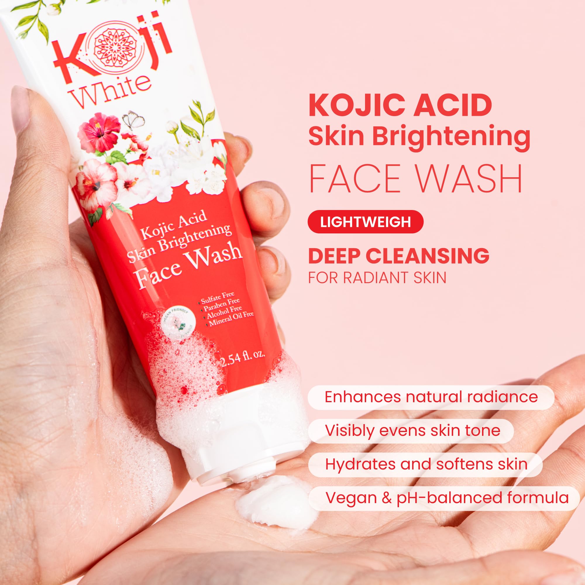 Koji White foaming lather close-up shows gentle exfoliation and fresh skin after wash