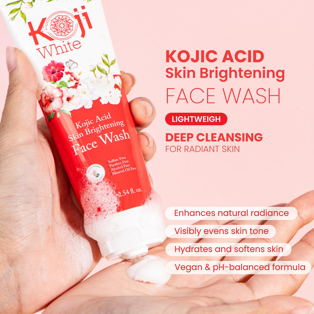 Koji White foaming lather close-up shows gentle exfoliation and fresh skin after wash