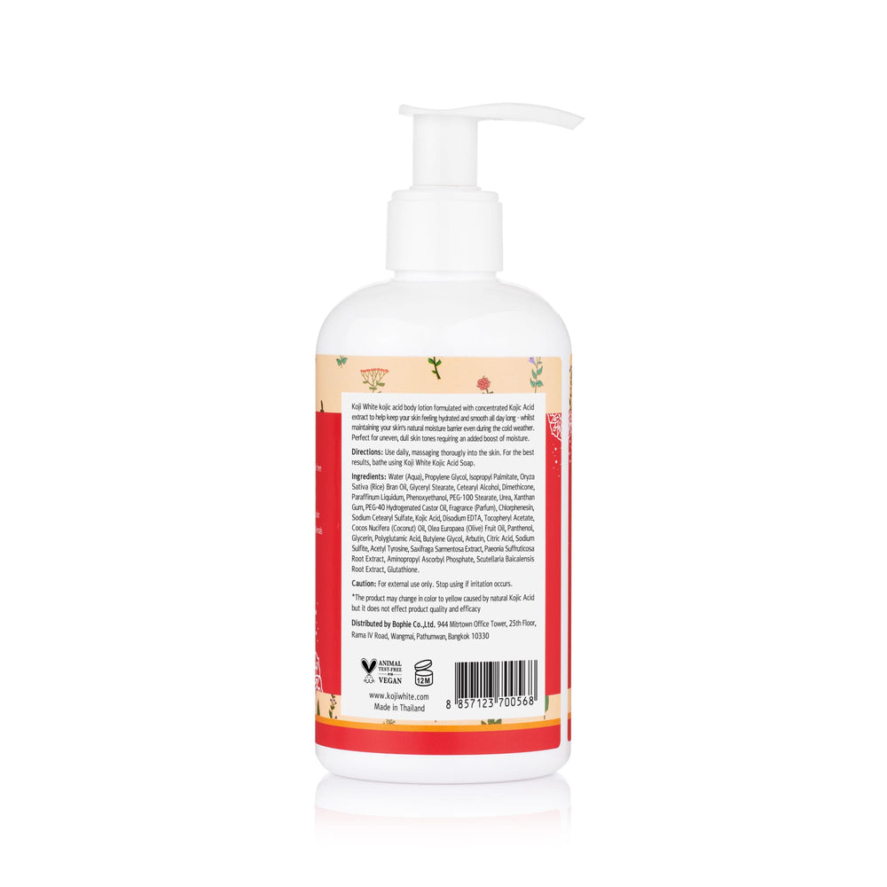 Koji White Kojic Acid Body Lotion paraben-free label closeup