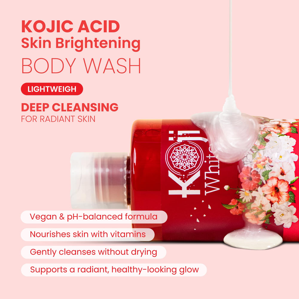 Koji White Kojic Acid Body Wash pour spout—steady flow and smooth lather.