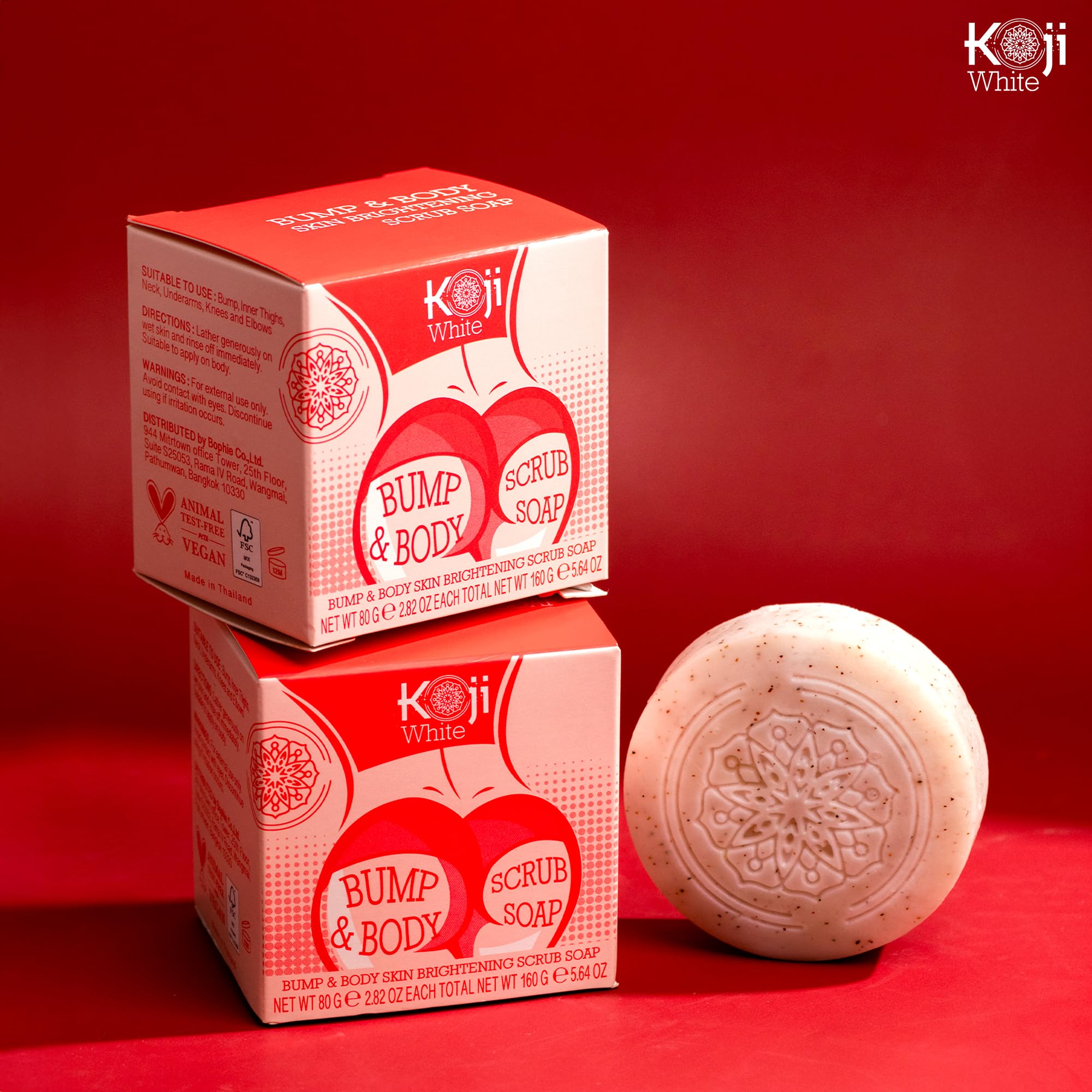 Koji White Kojic Acid Bump Eraser packaging on shelf emphasizes vegan cruelty-free claim