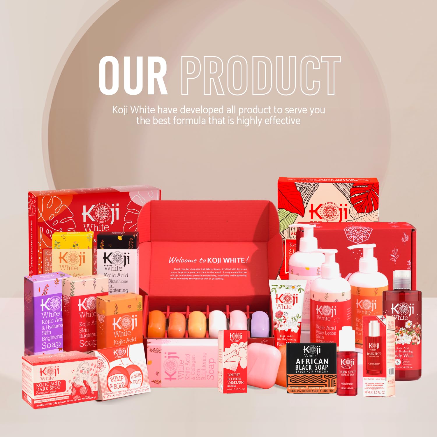 Koji White Pure Kojic Acid Soap bar packaging display with branding.