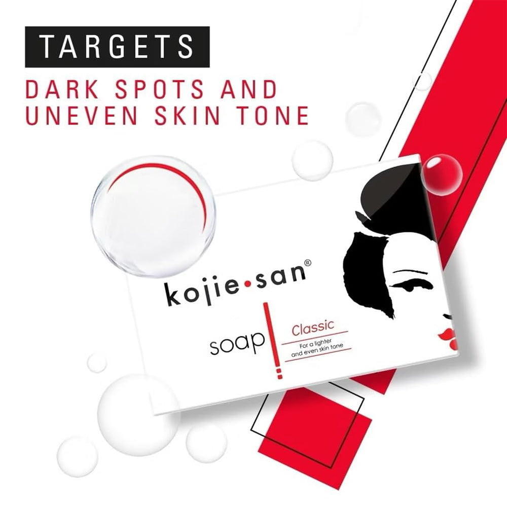 Kojie San Original Soap dark spots soft-focus highlights tone-evening potential.
