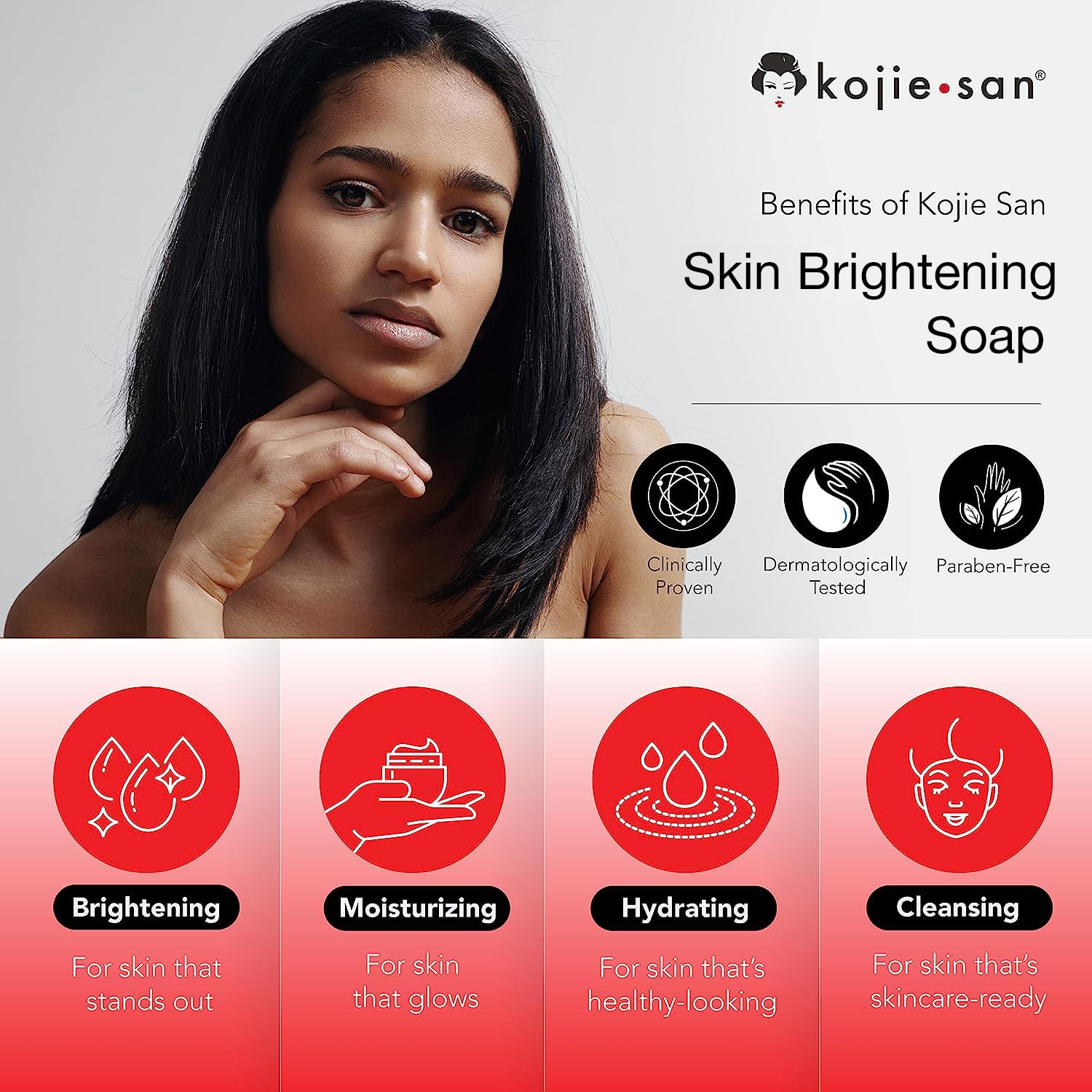 Kojie San soap with coconut and tea tree oil highlights natural ingredients.