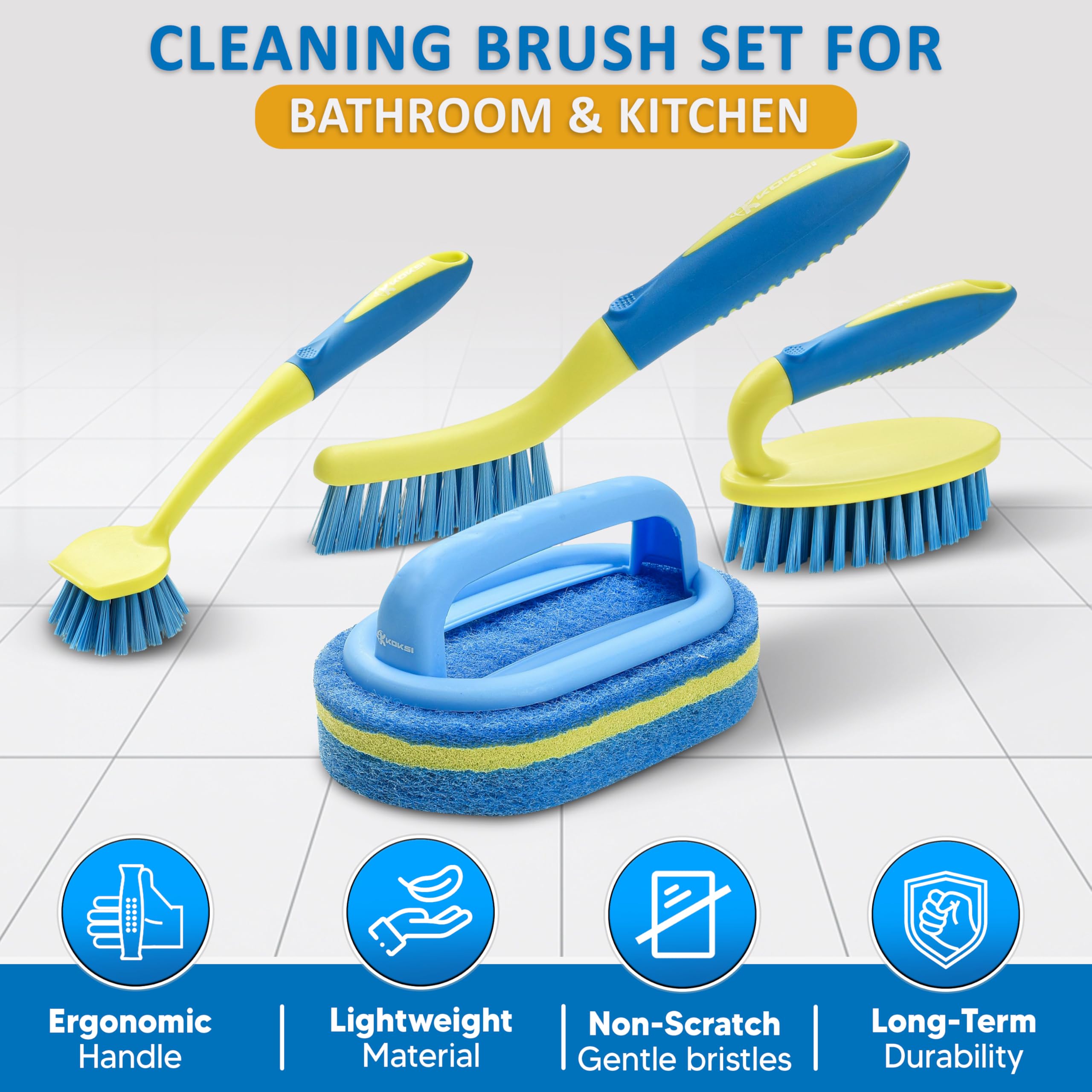 Koksi scrub brush set ergonomic handle close-up highlights comfortable grip.