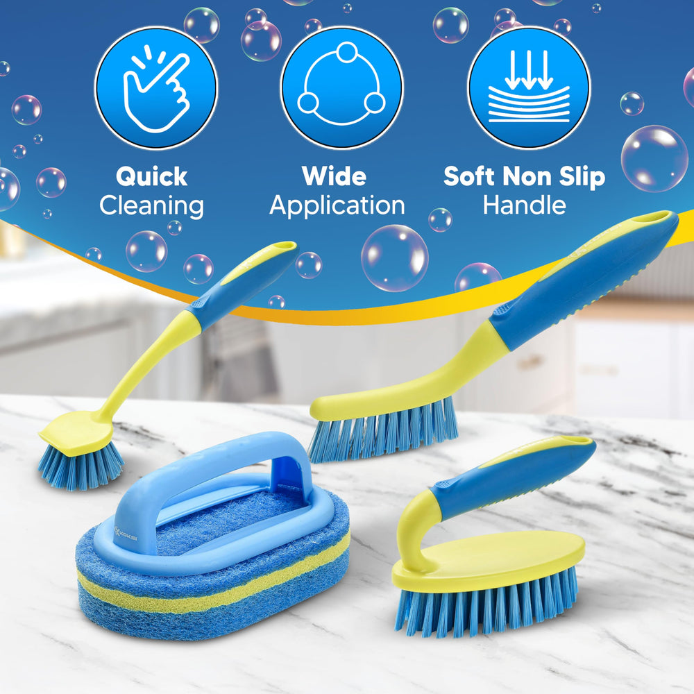 Koksi scrub brush set storage under sink shows compact organization.