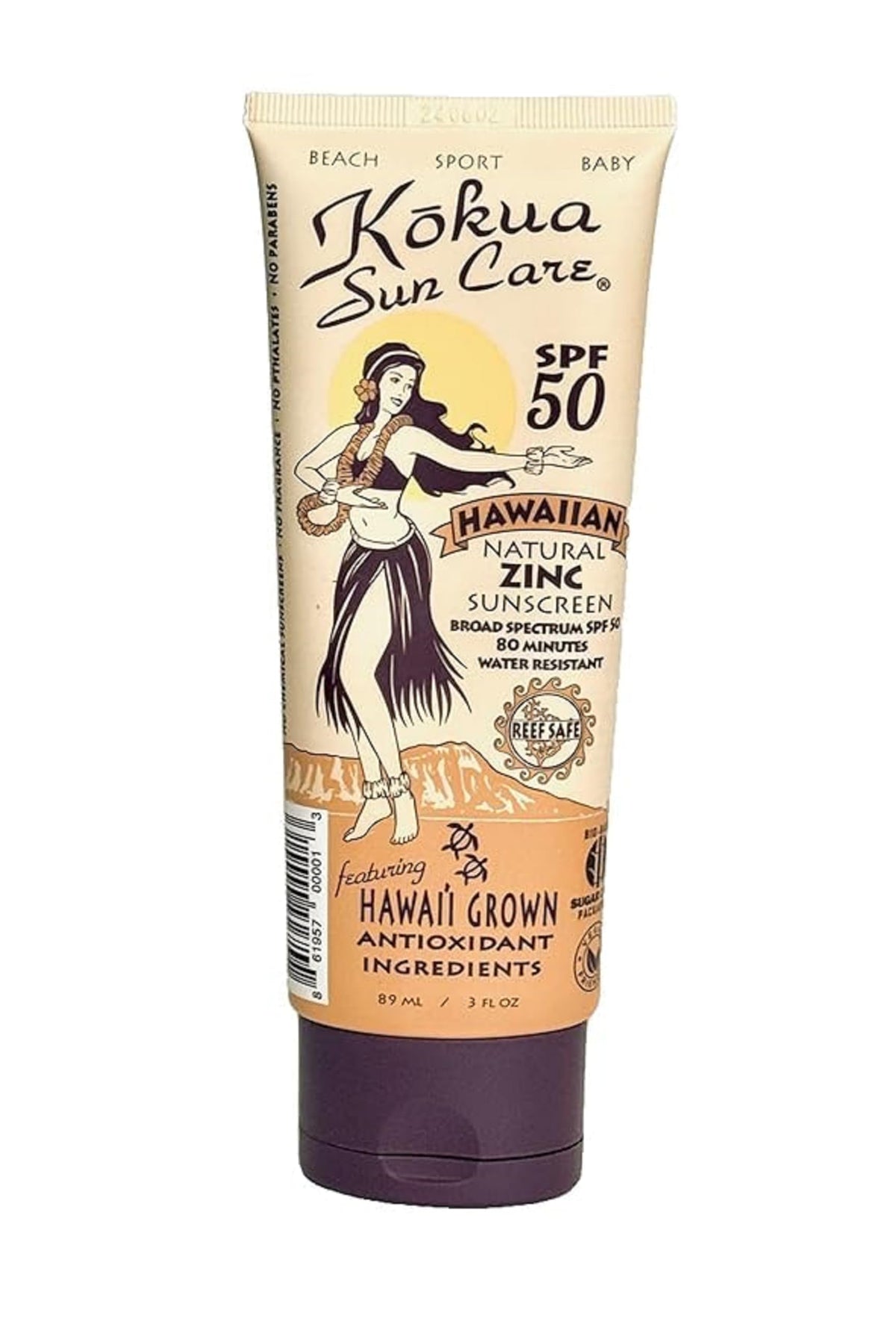 Kokua Sun Care reef safe sunscreen bottle showing mineral SPF 50 protection for beach days