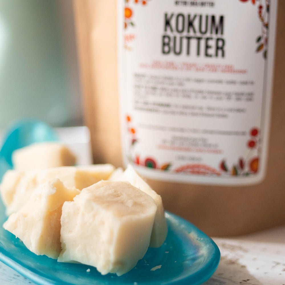 Kokum Butter raw unrefined texture close-up showing smooth, melt-ready consistency.