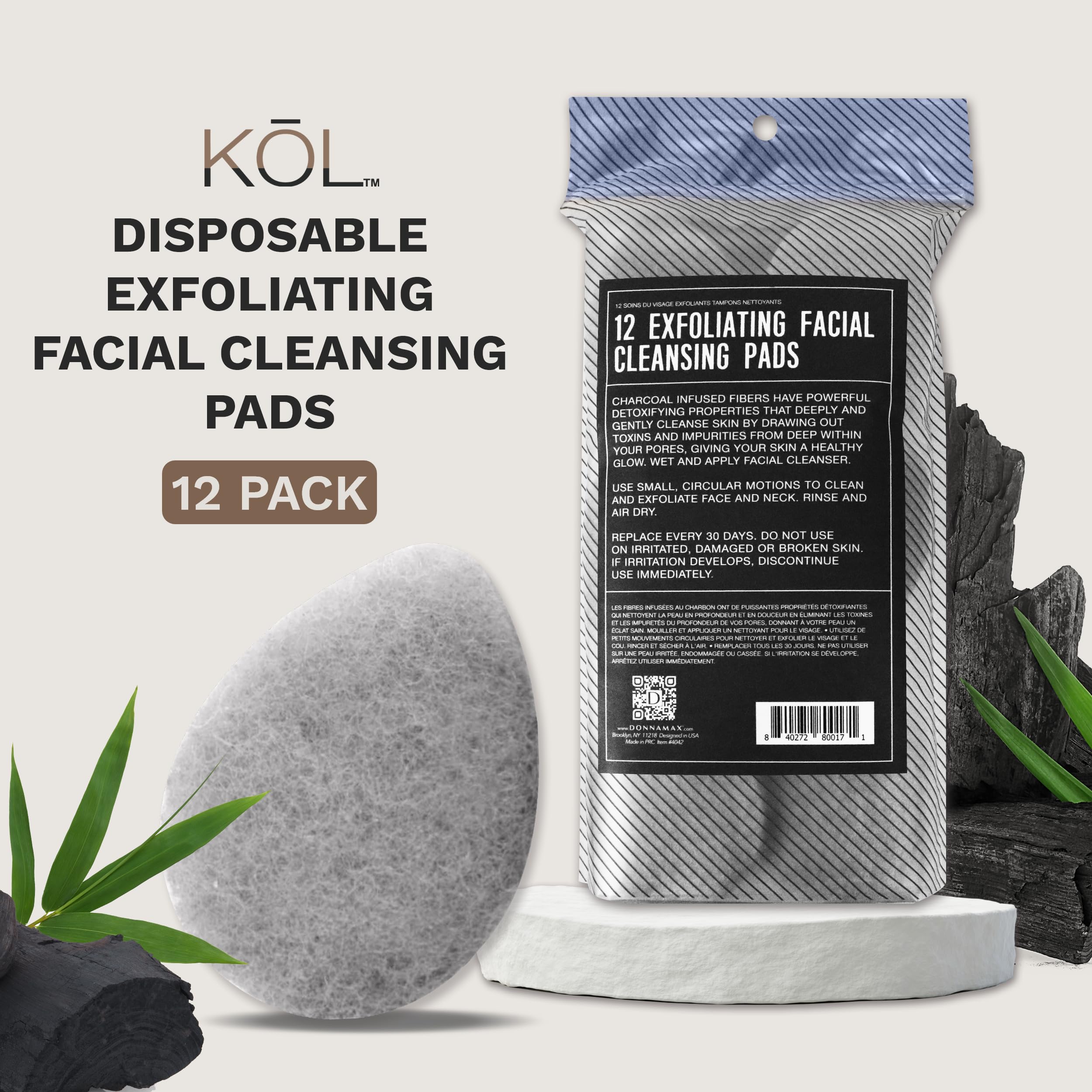 KOL charcoal pads textured side delivers gentle exfoliation for a smoother skin feel.